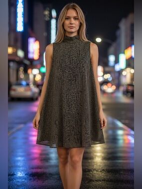 Final Touch Black Metallic-Striped Mock Neck Mini Dress Women’s Small